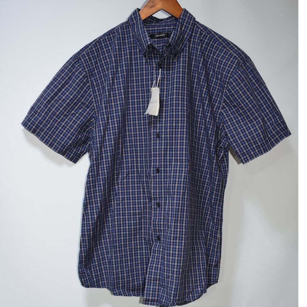 Guy Laroche Blue Gray Check Button Down Short Sleeve Shirt Men's Large NWT